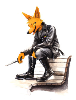accessory alternate_form alternative_fashion anthro bench biped black_nose boots clothed clothing fangs footwear fully_clothed fur holding_object jacket knife leather lgbt_pride male naughty_face on_bench open_mouth open_smile pin_accessory pin_button pride_color_accessory pride_colors pride_pin punk rainbow_pride_colors rainbow_symbol shoes simple_background sitting six-stripe_rainbow_pride_colors smile solo teeth tongue topwear white_background yellow_sclera kenket night_in_the_woods gregg_lee canid canine fox mammal 2018 hi_res painting_(artwork) traditional_media_(artwork) traditional_painting_(artwork) traditional_watercolor_(artwork) watercolor_(artwork)