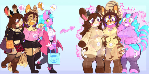 anthro anthro_to_inanimate belt black_bottomwear black_clothing black_skirt blush bottomwear breasts brown_body brown_hair clothing collar collar_only exclamation_point featureless_breasts featureless_crotch female footwear green_hair group hair handle handle_growth heart_(marking) horn inanimate_transformation inflatable interrobang jacket legwear magic markings nozzle_on_belly nude on_one_leg open_mouth permanent_smile pink_body pink_clothing pink_jacket pink_shirt pink_topwear seam_(sewing) shirt shoes simple_background skirt smile standing stockings surprised tail topwear transformation yellow_eyes pawberry elise_grimm_(rht0726) animate_inanimate bat domestic_cat felid feline felis lagomorph leporid living_inflatable mammal rabbit 2024 digital_media_(artwork) hi_res