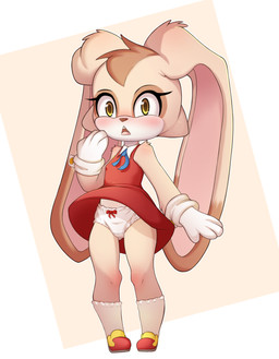 anthro blush clothed clothing dress eyelashes female looking_at_viewer panties raised_clothing raised_dress solo standing surprised underwear young young_anthro young_female orez_art sega sonic_the_hedgehog_(series) cream_the_rabbit lagomorph mammal absurd_res hi_res
