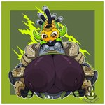 areola armor big_areola big_breasts big_nipples breast_focus breasts cleavage clothed clothing dark_body female happy horn huge_breasts inverted_nipples machine nipples puffy_areola puffy_nipples simple_background solo synthetic christomwow blizzard_entertainment overwatch orisa_(overwatch) humanoid omnic robot absurd_res half-length_portrait hi_res portrait