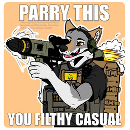 anthro bulletproof_vest electronics headgear headphones headset male projectile ranged_weapon recoilless_rifle rocket_launcher solo tactical_gear weapon jinnjuicin canid canine canis hybrid mammal wolf wolfdog 1:1 absurd_res hi_res