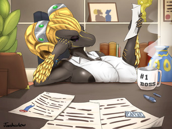 anthro beverage big_breasts boss breast_expansion breasts button_(fastener) clothed clothing coffee desk ear_piercing ear_ring expansion female furniture horn nonchalant office piercing ring_piercing solo straining_buttons stretched_clothing table text tight_clothing yellow_horn javshadow capcom monster_hunter mythology elder_dragon kulve_taroth mythological_creature mythological_scalie scalie 4:3 absurd_res digital_media_(artwork) hi_res