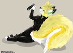 anthro bedroom_eyes big_butt butt cheek_tuft clothing collar dog_tags ear_piercing facial_tuft fangs female fluffy fluffy_chest fluffy_ears fluffy_hair fluffy_tail fur green_body green_fur hair latex latex_clothing latex_skinsuit narrowed_eyes neck_tuft pawpads paws piercing seductive simple_background simple_coloring simple_eyes simple_face simple_nose skinsuit slightly_chubby smile smirk smug smug_expression smug_eyes smug_face smug_grin solo solo_focus solo_in_panel tail teeth thick_thighs tight_clothing tuft white_body white_fur yellow_body yellow_fur shibatoast zipzap_(character) canid canine canis domestic_dog fox herding_dog mammal pastoral_dog welsh_corgi absurd_res hi_res shaded simple_shading
