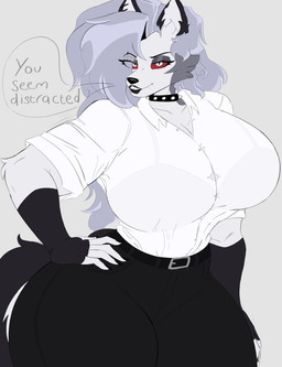 anthro belt big_breasts bra bra_through_clothing breasts button_(fastener) cleavage clothed clothing collar dialogue female fingerless_gloves gloves grey_background grey_hair hair hand_on_hip handwear huge_breasts long_hair pupils red_sclera shirt simple_background slit_pupils solo speech_bubble spiked_collar spikes straining_buttons tail text thick_thighs topwear translucent translucent_clothing translucent_shirt translucent_topwear underwear white_eyes wide_hips amnesiacfurry hellaverse helluva_boss mythology loona_(helluva_boss) canid canid_demon canine demon hellhound mammal mythological_canine mythological_creature english_text hi_res