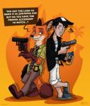 anthro bb_gun clothed clothing dialogue duo facial_hair fur gun hair handgun male pistol ranged_weapon speech_bubble text weapon wolfjedisamuel disney zootopia nick_wilde canid canine fox human mammal red_fox true_fox 2016 english_text hi_res