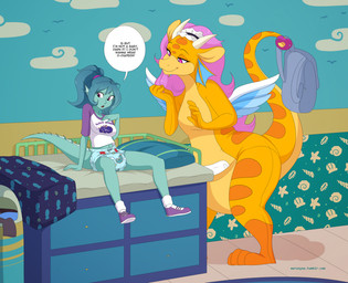 blue_body blue_diaper blue_hair breasts changing_table clean_diaper clothed clothing detailed_background diaper embarrassed featureless_crotch female footwear hair holding_backpack looking_away pouch_(anatomy) shoes socks split_form tail text trash_can wearing_diaper wings yellow_body merunyaa mythology aquatic dragon merfolk mythological_creature mythological_scalie scalie english_text hi_res