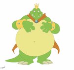 anthro belly big_belly bracelet cape claws clothing crown gem hands_on_stomach headgear jewelry looking_down looking_pleasured male overweight overweight_anthro overweight_male smile solo tail teeth canson donkey_kong_(series) nintendo king_k._rool crocodilian reptile scalie hi_res