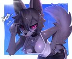 anthro biped black_body black_fur black_nose black_sclera blep breasts cleavage clothed clothing eyelashes eyewear female fingers fur glasses looking_at_viewer simple_background solo text tongue tongue_out prsmrti canid canine mammal hi_res