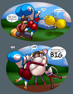 age_progression anthro big_breasts big_butt blue_body blue_fur breasts butt clothing female fur group huge_breasts hyper hyper_breasts male outside red_clothing shirt speech_bubble text topwear trio yellow_clothing yellow_shirt yellow_topwear young young_anthro young_female norithics fraise_souris gwen_mason canid canine fox mammal mephitid mouse murid murine rodent skunk 2020 english_text hi_res