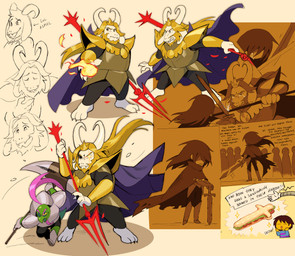 3_toes anthro armor barefoot blonde_hair cape claws clothing crown feet fur group hair headgear male melee_weapon paws polearm sword text toe_claws toes trident weapon white_body white_fur drawloverlala undertale undertale_(series) asgore_dreemurr gerson bovid caprine goat human mammal reptile scalie turtle 2025 absurd_res hi_res