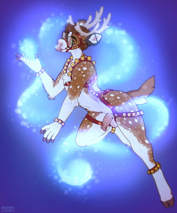 anthro antlers bell bell_harness brown_body brown_fur brown_hair ear_piercing eyewear fur glasses green_eyes hair harness horn industrial_piercing male male_anthro mouth_closed nude piercing pink_nose pink_tongue round_glasses short_hair side_view solo spotted_arms spotted_back spotted_legs tan_antlers tongue tongue_out white_body white_fur seraphictiger dallas_(gingersnaps) deer mammal hi_res