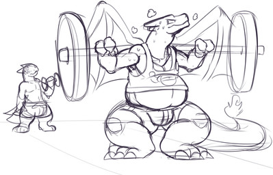 anthro blush bodily_fluids bulge duo exercise male male/male muscular overweight overweight_male sweat workout freekzilla nintendo pokemon charizard generation_1_pokemon generation_2_pokemon pokemon_(species) typhlosion