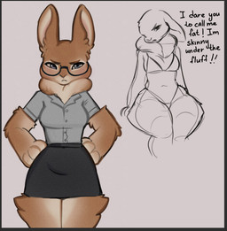 anthro biped blush bottomwear breasts clothed clothed_anthro clothed_female clothing eyewear female fingers front_view fully_clothed fully_clothed_anthro fully_clothed_female fur glasses looking_at_viewer simple_background solo standing topwear lentilghost lagomorph leporid mammal rabbit 2026 digital_drawing_(artwork) digital_media_(artwork)