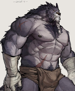 abs anthro balls_outline bandage barazoku biceps biped bulge clothing detailed_bulge fangs fur genital_outline male male_anthro muscular muscular_anthro muscular_male nipples pecs pubes scar solo teeth underwear squarerat3 blizzard_entertainment warcraft canid canine canis mammal werecanid werecreature wolf worgen 2026 hi_res