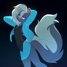anthro blue_eyes bottomwear breasts clothed clothed_female clothing female fully_clothed fully_clothed_female hair hands_behind_head jacket narrowed_eyes pink_nose skinny skirt small_breasts topwear white_hair kyuuoku courtney_brushmarke mammal mephitid skunk 1:1 hi_res