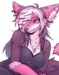 anthro black_body black_clothing black_dress black_fur black_nose bra cheek_tuft clothing dress ear_piercing facial_tuft female fur gloves_(marking) hair jewelry lace_bra long_hair markings multicolored_body multicolored_fur multicolored_hair necklace piercing pink_body pink_eyes pink_fur pink_hair solo star_necklace tuft underwear white_body white_fur white_hair fieaux canid canine fox mammal hi_res