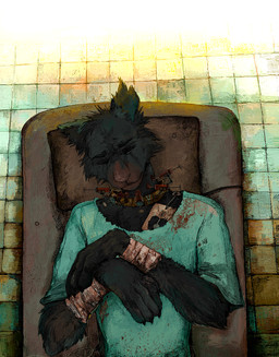 anthro arms_in_front bed black_body black_claws black_fur blood bodily_fluids claws collar detailed_background dried_blood eyebrows finger_claws fur furniture half-closed_eyes head_on_pillow high-angle_view hospital hospital_bed hospital_gown injection iv_line lying lying_on_bed male male_anthro medicine narrowed_eyes on_back on_bed pain pillow pointy_ears prick_ears slim_anthro slim_male snout solo syringe syringe_in_neck wraps wrist_wraps jeffusherb canid canine mammal 2025 aliasing animated digital_media_(artwork) english_description half-length_portrait hi_res pixel_(artwork) portrait