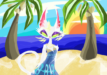 anthro beach blue_clothing blue_dress blue_sky clothed clothed_female clothing cloud day dress female fur green_sclera narrowed_eyes palm_tree plant sand sky solo sun tail tree white_body white_fur white_tail naircat domestic_cat felid feline felis mammal 2017 digital_drawing_(artwork) digital_media_(artwork) microsoft_paint_(artwork)