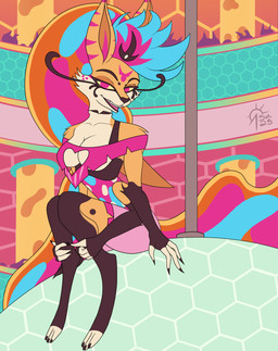 anthro breasts claws clothing disco_ball female lamp lava_lamp multi_arm multi_limb solo topwear tube_top wings sacrificabominat hellaverse helluva_boss queen_bee-lzebub_(helluva_boss) arthropod bee canid canine fennec_fox fox hymenopteran insect mammal true_fox hi_res