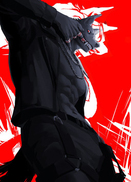 athletic black_body black_bottomwear black_clothing black_fur black_jacket black_pants black_topwear bottomwear chain clothing collar evil_grin fangs fingernails fur jacket jewelry long_sleeves looking_at_viewer male nails necklace no_shirt open_mouth pants raised_hand red_background red_eyes ring simple_background smile solo teeth topwear pnmne mythology canid canid_demon canine canis demon hellhound mammal mythological_canine mythological_creature wolf hi_res restricted_palette
