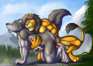 all_fours anal anal_fisting anal_orgasm anal_penetration anthro anthro_on_anthro bodily_fluids cum cum_on_ground duo ejaculation erection eyes_closed fisting forest fur genital_fluids genital_piercing genitals grey_body grey_fur hands-free humanoid_genitalia humanoid_penis male male/male muscular muscular_anthro muscular_male nude on_ground orgasm outside penetration penis penis_piercing piercing pink_penis plant prince_albert_piercing tree yellow_body yellow_fur hufnaar canid canine canis felid lion mammal pantherine wolf