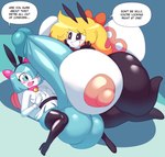 angstrom antennae_(anatomy) anthro areola balls bell bell_(klazomaniac) big_balls big_breasts big_penis blonde_hair blue_eyes blue_hair blush breasts collar duo ellipsis english_text erection exclamation_point fake_ears fake_rabbit_ears female generation_3_pokemon generation_7_pokemon genitals hair hi_res high_heels_leggings huge_balls huge_breasts huge_penis huge_thighs humanoid hyper hyper_balls hyper_breasts hyper_genitalia hyper_penis kirlia kurly looking_at_genitalia looking_at_penis lying male male/female multicolored_body nintendo nipples on_back on_side open_mouth penis pink_areola pink_nipples pokemon pokemon_(species) question_mark ribombee shiny_pokemon smile speech_bubble text thick_thighs two_tone_body wings