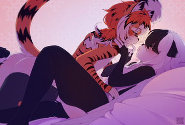 anthro anthro_on_anthro black_body black_fur black_hair blue_eyes duo ears_back facial_piercing female finger_to_mouth fur hair lying male male/female markings multicolored_hair nose_piercing nose_ring on_back orange_body orange_eyes orange_fur orange_hair piercing pivoted_ears ring_piercing septum_piercing septum_ring side_view striped_arms striped_markings striped_tail stripes tail tail_markings white_body white_fur white_hair sonyan hi_res