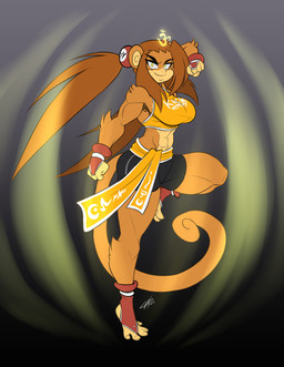 abs anthro big_breasts bottomwear breasts clothing feet female fingerless_gloves gloves hair handwear long_hair long_tail martial_arts martial_arts_uniform midriff muscular muscular_anthro muscular_female power shirt shorts smile solo spandex spandex_shorts sportswear spread_toes tail tank_top tight_clothing toes topwear warrior yellow_eyes chalo las_lindas kiki_(chalo) haplorhine mammal monkey primate hi_res