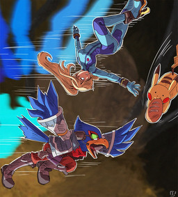 ambiguous_gender anthro beak blonde_hair blue_body boots bread breasts clothing eating female feral food footwear group hair light_body light_skin long_hair male motion_blur motion_lines open_mouth ponytail shoes tongue trio yellow_body zero_suit stoic_seraphim metroid nintendo pokemon star_fox super_smash_bros. falco_lombardi samus_aran avian generation_1_pokemon human mammal pikachu pokemon_(species) 2022 crossover signature