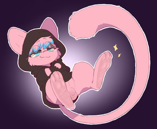 3_toes balls blue_eyes bottomless clothed clothing feet feral floating foot_focus fur genitals hair hindpaw hoodie looking_at_viewer male paws penis pink_body simple_background small_penis solo tail teeth toes topwear backsash nintendo pokemon fan_character generation_1_pokemon legendary_pokemon mammal mew_(pokemon) pokemon_(species) 2024 digital_media_(artwork)