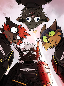 aircraft airplane annoyed anthro armor black_nose blue_eyes bodily_fluids brown_body brown_fur cloud crown danger dangerous derp_eyes ears_back floating_crown fur green_eyes green_sclera grey_body grey_eyes grey_fur group gun hair headgear imminent_danger light light_beam looking_down military pink_nose pivoted_ears ranged_weapon red_body red_eyes red_fur red_hair rifle rifle_scope scared shocked skull_symbol sky soldier spacecraft sweat sweatdrop tan_body tan_fur tongue tongue_out vehicle warrior weapon white_body white_fur white_sclera jesterzink helldivers butch_(butchbatches26) cannon_(latecannon101) miguel_(mexican_cat) vat_(vat1can_o9o) canid canine canis dire_wolf domestic_cat felid feline felis hybrid mammal prehistoric_species wolf 2026 3:4 digital_drawing_(artwork) digital_media_(artwork) hi_res