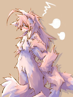 4_fingers anthro biped blush dipstick_tail female fingers fur looking_aside markings multi_tail multicolored_tail nude pink_body pink_fur side_view simple_background solo standing tail tail_markings tan_background kolshica canid canine fox mammal 3:4 digital_media_(artwork) portrait source_request three-quarter_portrait