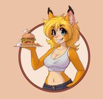 anthro arm_tuft blonde_hair blue_eyes bottomwear breasts burger cleavage clothed clothing denim denim_bottomwear denim_clothing eyebrow_through_hair eyebrows eyelashes female food fries fruit fur hair hand_in_pocket holding_object inner_ear_fluff jeans looking_at_viewer midriff navel olive_(fruit) pants plant plate pockets shirt shoulder_tuft smile smiling_at_viewer solo tan_body tan_fur tank_top topwear translucent translucent_hair tuft yellow_body yellow_fur bonnieb lightly_breeze_(pony-way) felid feline lynx mammal 2021 hi_res