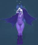 anthro bat_wings biped breasts digitigrade featureless_crotch female front_view fur grey_background hair looking_at_viewer membrane_(anatomy) membranous_wings navel nude pink_nose purple_body purple_fur simple_background solo standing thigh_gap white_hair winged_arms wings yellow_eyes pira bat mammal 2016 full-length_portrait hi_res portrait