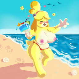 anthro bare_breasts beach beverage big_breasts blush bouncing_breasts breasts clothed clothing drunk eyes_closed female footprint happy holding_beverage holding_object motion_lines nipples pawprint running sand seashell shell solo spilling_drink substance_intoxication topless topless_anthro topless_female vacation_juice waving_hand yearofthesnitch animal_crossing nintendo isabelle_(animal_crossing) canid canine canis domestic_dog mammal absurd_res hi_res