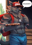 5_fingers abs anthro barazoku baseball_cap biped bottomwear bulge claws clothed clothing container delivery_(commerce) denim denim_bottomwear denim_clothing detailed_background dialogue fingers food food_delivery fur hair hat headgear headwear humanoid_hands jeans kemono looking_at_viewer male muscular muscular_anthro muscular_male navel pants pecs pizza pizza_box pizza_delivery plant red_eyes smile solo speech_bubble tail talking_to_viewer text topless topless_anthro topless_male vitaly4321 bandai_namco digimon canid canine canis digimon_(species) mammal weregarurumon 2023 absurd_res colored digital_media_(artwork) english_text hi_res