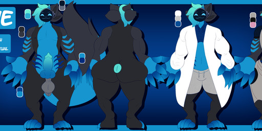 4_ears 4_toes 5_fingers animal_genitalia animal_penis anthro anus armor balls blue_markings bottomwear canine_genitalia canine_penis claws clothed clothing coat crop_top feet fingers genitals grey_body hair horn knot knotted_penis lab_coat machine male markings multi_ear nude nude_anthro penile penis protogen_armor puffy_anus scrotum_flap shirt shorts smile solo standing tail text toe_claws toes topwear sokoyo_owo armorless_protogen canid canine mammal protogen absurd_res hi_res model_sheet