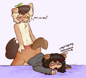 accessory anal anal_penetration anthro anthro_on_anthro anthro_penetrated anthro_penetrating anthro_penetrating_anthro bed bed_covers bedding bent_over blush body_blush brown_body brown_eyes brown_fur brown_hair butt butt_blush butt_grab chest_tuft clothed clothed/nude clothed_anthro clothed_female clothing dialogue doggystyle duo erection eyewear fangs female female_anthro female_penetrated floppy_ears from_behind_position fur furniture genitals glasses grey_clothing grey_sweater grey_topwear gynomorph hair hair_accessory hairclip hand_on_butt heart_symbol intersex intersex/male intersex_penetrated long_hair looking_at_another looking_at_partner looking_pleasured love male male/female male_anthro male_penetrating male_penetrating_anthro male_penetrating_female male_penetrating_intersex navel nude nude_anthro nude_male on_bed open_mouth penetration penetration_from_behind penile penile_penetration penis penis_in_ass penis_tip plant plant_hair pseudo_hair rectangular_glasses round_glasses sex shallow_penetration short_hair small_butt speech_bubble sprout_(plant) sprout_hair sweater tail tan_body tan_fur teeth topwear tuft white_hair cakemeowdy matthew_(beatenpuppy) rebecca_(cakemeowdy) canid canine canis domestic_dog mammal 2025 colored hi_res shaded signature trans_(lore) trans_woman_(lore)