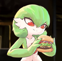 burger collarbone food green_arms green_fingers green_hair green_hands hair holding_burger holding_food holding_object looking_at_food looking_at_object red_eyes white_body lickagoat nintendo pokemon gardevoir generation_3_pokemon humanoid pokemon_(species) hi_res