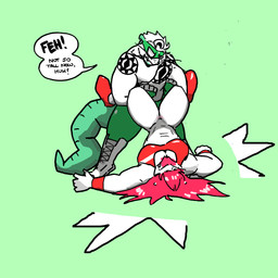 anthro big_breasts big_tail blush body_blush breasts dominant duo ear_piercing ear_ring facial_piercing female genitals hair impact_effect male male/female mask nose_piercing nose_ring piercing questionable_consent red_hair ring_piercing septum_piercing septum_ring sharp_teeth sports_mask sportswear tail tattoo teasing teeth thick_thighs vulva vulva_blush white_hair wrestler wrestling wrestling_mask wrestling_match wrestling_outfit goodjobrammy_(artist) diamondback_(goodjobrammy) bear mammal polar_bear ursine 1:1 hi_res nonbinary_(lore)