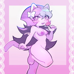 accessory anthro biped blush bow_ribbon breasts candy cat_tail dessert female female_anthro food fur hair hair_accessory hair_bow hair_ribbon hair_tie lollipop long_hair looking_at_viewer multicolored_hair navel nipples open_mouth paws pink_body pink_fur pink_hair purple_eyes purple_hair raised_leg ribbons solo tail two_tone_hair charlotte.x sashley ash_(sashley) felid feline mammal 1:1 absurd_res digital_media_(artwork) hi_res watermark