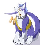 blue_body blue_fur chain claws collar eye_scar facial_scar feral fur object_in_mouth one_eye_closed sash scar simple_background sitting smoking_pipe solo white_background white_body white_fur tora_oekaki bandai_namco tales_of_(series) tales_of_vesperia repede canid canine canis domestic_dog mammal hi_res male_(lore)