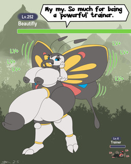 antennae_(anatomy) anthro attribute_theft balls big_balls big_penis black_body black_wings genitals gynomorph gynomorph/male huge_balls huge_penis hyper hyper_balls hyper_genitalia hyper_penis insect_wings intersex intersex/male lepidopteran_wings macro male male_human penis size_difference size_theft smaller_human text wings dirtymac nintendo pokemon arthropod beautifly butterfly generation_3_pokemon human insect lepidopteran mammal pokemon_(species) 4:5 absurd_res digital_media_(artwork) english_text hi_res