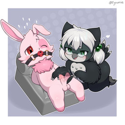 anthro ball_gag balls biped black_body black_feathers blush border breathable_gag chest_tuft claws duo feathers female female_anthro female_on_anthro fur fur_tuft gag genitals glans green_eyes grey_background grey_hair hair head_tuft heart_symbol hearts_around_head high-angle_view humanoid_genitalia humanoid_penis looking_at_another looking_at_genitalia looking_at_penis male male/female male_anthro male_on_anthro monotone_body monotone_fur monotone_hair multicolored_body multicolored_feathers nude nude_anthro nude_female nude_male one_ear_up penis pink_body pink_fur plantigrade red_eyes short_hair simple_background slim slim_anthro slim_male straight_hair tail tail_feathers three-quarter_view tickling tickling_genitalia tickling_penis toe_claws tuft two_tone_body two_tone_feathers white_body white_border white_feathers winged_arms wings young young_anthro young_female young_male zyuuniie cotton_(pokeandpenetrate) fukiyo_(pokeandpenetrate) avian bird lagomorph leporid mammal owl rabbit 1:1 2026 digital_drawing_(artwork) digital_media_(artwork) hi_res shaded soft_shading