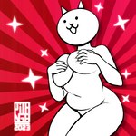 breasts covering covering_breasts covering_self female hand_on_breast happy holding_breast simple_face slightly_chubby smile solo thick_thighs white_body wide_hips gatogenerico the_battle_cats domestic_cat felid feline felis mammal 1:1 2023 hi_res