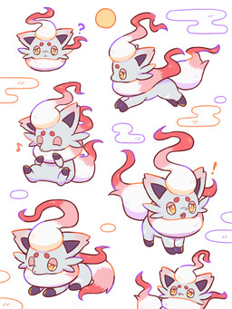 ambiguous_gender anthro cloud exclamation_point eyes_closed fangs featureless_crotch fur grey_body grey_fur looking_at_viewer lying musical_note musical_symbol on_front one_eye_closed open_mouth orange_eyes question_mark simple_background solo sun symbol tail teeth tongue nekogyo122 nintendo pokemon canid canine generation_8_pokemon hisuian_form hisuian_zorua mammal pokemon_(species) regional_form_(pokemon) 2023 3:4 absurd_res hi_res