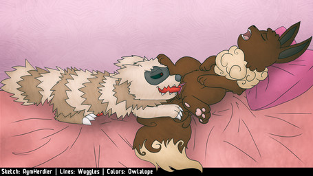 anus barely_visible_genitalia barely_visible_penis bed cunnilingus duo female feral furniture genitals male male/female oral penis pillow sex tongue tongue_out vaginal vulva owlalope rymherdier wuggles nintendo pokemon eevee generation_1_pokemon generation_3_pokemon pokemon_(species) zigzagoon hi_res