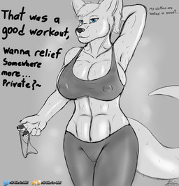 anthro athletic athletic_anthro athletic_female big_breasts bodily_fluids bra breasts cleavage clothed clothing female fully_clothed hand_behind_head holding_clothing holding_object huge_breasts inviting looking_at_viewer musk nipple_outline panties propositioning raised_arm scent smile smirk solo sports_bra sweat sweatdrop talking_to_viewer text thick_thighs tight_clothing underwear chrislhi kangaroo macropod mammal marsupial absurd_res english_text hi_res