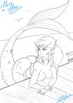 breasts female hair monster_girl_(genre) nipples outside partially_submerged scales smile solo split_form zoobastik animal_humanoid fish fish_humanoid humanoid marine marine_humanoid merfolk greyscale monochrome