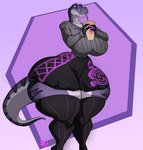 2024 absurd_res anthro beverage big_breasts breasts bubble_tea claws clothed clothing dinosaur extinct female hi_res holding_object jaeh legwear prehistoric_species reptile scalie solo tail thick_thighs wide_hips